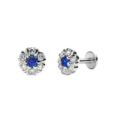 925 Sterling Silver Blue Stone Floral Stud Earrings for Women