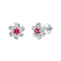 925 Sterling Silver Floral Stud Earrings with Red Ruby-Style Stone & White CZ for Women