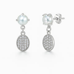 925 Sterling Silver Pearl Oval Drop Earrings | CZ Pave Oval Dangle Design for Women