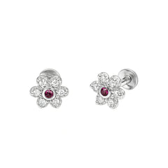 Classic Silver Cluster Stud Earrings with Ruby Stone