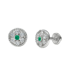 925 Sterling Silver Emerald & CZ Round Stud Earrings for Women