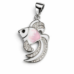 925 Sterling Silver Pink Enamel Fish Pendant with Cubic Zirconia