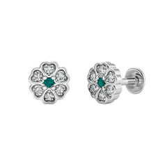 925 Sterling Silver Green CZ Floral Stud Earrings with Heart-Shaped Halo
