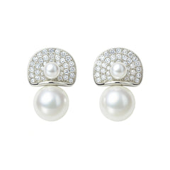 925 Sterling Silver Pearl Drop Stud Earrings with CZ Pave for Women