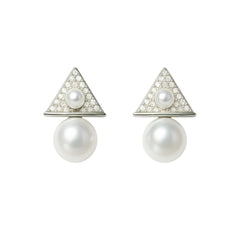 925 Sterling Silver Triangle Pearl Drop Earrings with CZ Pave for Women