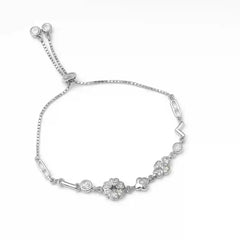 Sterling Silver Flower Charm CZ Adjustable Bracelet for Women