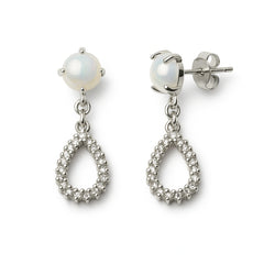 925 Sterling Silver Pearl Teardrop Dangle Earrings – Rhodium Plated with CZ Stones