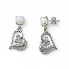 925 Sterling Silver Pearl Heart Dangle Earrings – Rhodium Plated with CZ Flower Accent