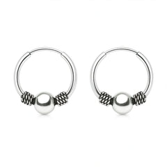 Men’s 925 Silver Textured Bead Bali Earrings – Oxidized Tribal Hoop Design