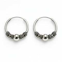 Men’s 925 Silver Bali Earrings – Center Round Bead with Oxidized Tribal & Rope Detailing