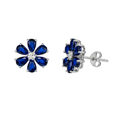 Sterling Silver 925 Blue Sapphire Floral Stud Earrings for Women