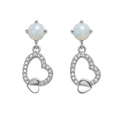 Opal Heart Drop Silver Earrings with Diamond Accents