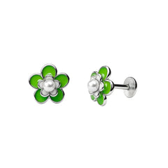 Silver Pearl Green Enamel Flower Stud Earrings