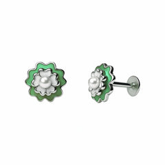 Silver Pearl Green Layered Flower Stud Earrings