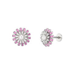 Silver Pearl Pink Daisy Stud Earrings