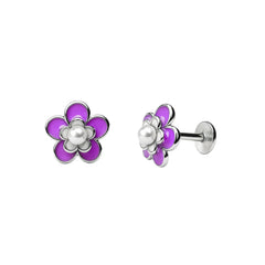 Purple Enamel Floral Pearl Stud Earrings