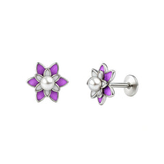Deep Purple Enamel Floral Pearl Stud Earrings