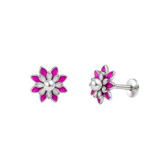 Pink Enamel Floral Pearl Stud Earrings