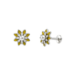 Yellow Enamel Floral Pearl Stud Earrings