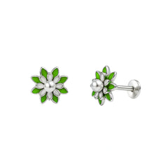 Green Enamel Floral Pearl Stud Earrings