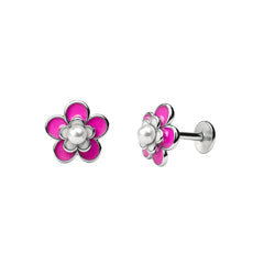 Magenta Five-Petal Pearl Stud Earrings