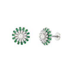 Green Daisy Pearl Stud Earrings
