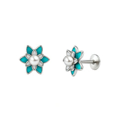 Teal Enamel Floral Pearl Stud Earrings