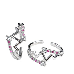 Sterling Silver 925 Zigzag Heartbeat Adjustable Toe Rings with Pink & White Zircon