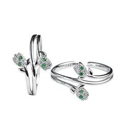 Sterling Silver 925 Leaf Design Adjustable Toe Ring with Green Zircon Stones
