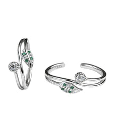 Sterling Silver 925 Leaf & Solitaire Adjustable Toe Ring with Green Zircon