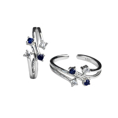 Sterling Silver 925 Adjustable Toe Ring with Blue & White Zircon Stones