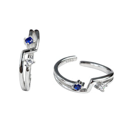 Sterling Silver 925 Zigzag Adjustable Toe Ring with Blue & White Zircon