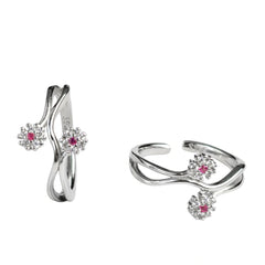 Sterling Silver 925 Floral Adjustable Toe Ring with Pink Zircon