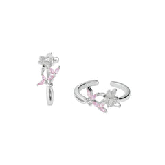 925 Sterling Silver Floral Adjustable Toe Ring with Pink & Clear CZ