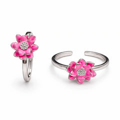 925 Sterling Silver Pink Enamel Flower Adjustable Toe Ring