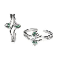 Sterling Silver 925 Wave Adjustable Toe Ring with Green & Clear CZ Stones