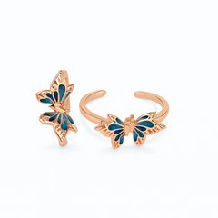925 Sterling Silver Rose Gold Butterfly Toe Ring – Blue Enamel, Adjustable Open Band