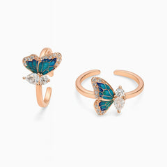 925 Sterling Silver Rose Gold Butterfly Toe Ring with Blue Enamel & Crystal – Adjustable Open Band