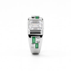 925 Sterling Silver Men’s Ring with Emerald-Style Green CZ & Baguette Stones