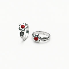 Sterling Silver Flower Toe Ring with Red Stone and Leaf Design