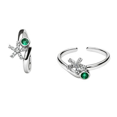 925 Sterling Silver Adjustable Toe Ring with Green CZ Center & Floral Star Design