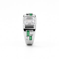 925 Sterling Silver Men’s Ring with Emerald-Cut CZ & Green Baguette Stones