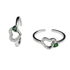 925 Sterling Silver Green CZ Heart Toe Ring | Adjustable Open Design