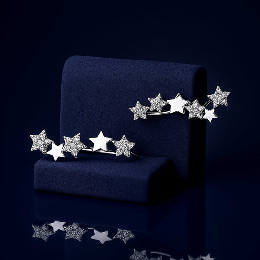 Rhodium Plated Silver Star Ear Cuffs with Sparkling CZ Stones