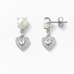 925 Sterling Silver Pearl Heart Drop Earrings | CZ Studded Heart Dangle Design for Women
