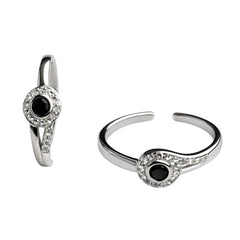 925 Sterling Silver Black Stone Halo Adjustable Toe Ring with Clear CZ