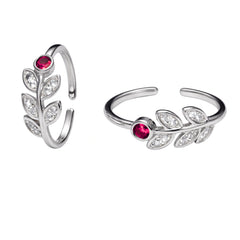 925 Sterling Silver Red Stone Leaf Design Adjustable Toe Ring with Clear CZ