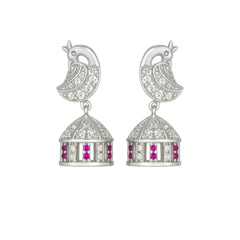 Sterling Silver Peacock Top Jhumka Earrings with White and Pink Stones
