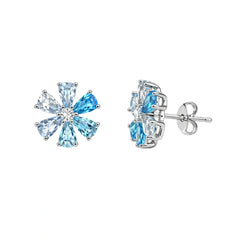 Sterling Silver 925 Aqua Blue Floral Stud Earrings for Women