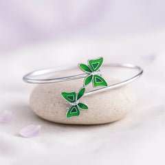 Rhodium Plated Silver Butterfly Bracelet with Green Enamel & Sparkling CZ Stones